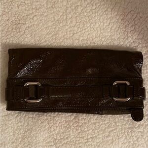 Club Monaco Patent Leather Clutch Fold-Over  Zip Purse Dark Brown